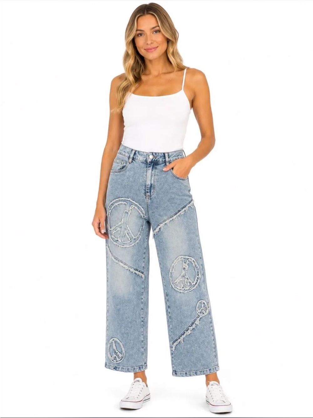 DAVI & DANI Light Wash High-Rise Wide Leg Peace Patch Jeans